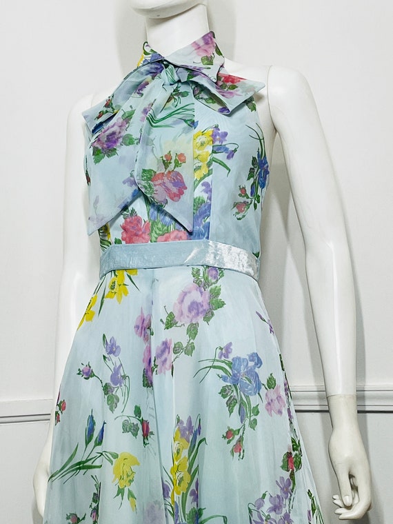 Small 1970s Vintage Blue Floral Halter Maxi Dress - image 2