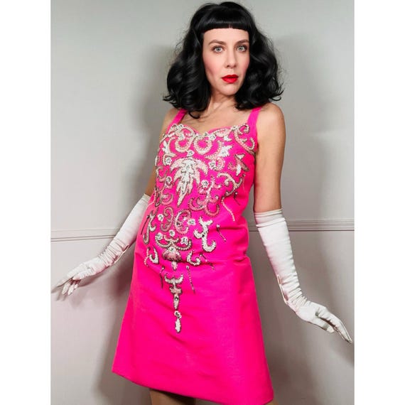 vintage pink beaded dress Vintage Pink Silk Sequin Gown Beaded 90s Y2K Asymmetrical Dress -size Large
