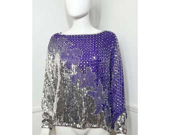 Medium to Extra Large 1980s Vintage Purple Silk Beaded and Sequined Top by Judith Ann