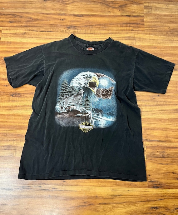 Large 1980s Vintage Harley Davidson Eagle and Wolf Single Stitch