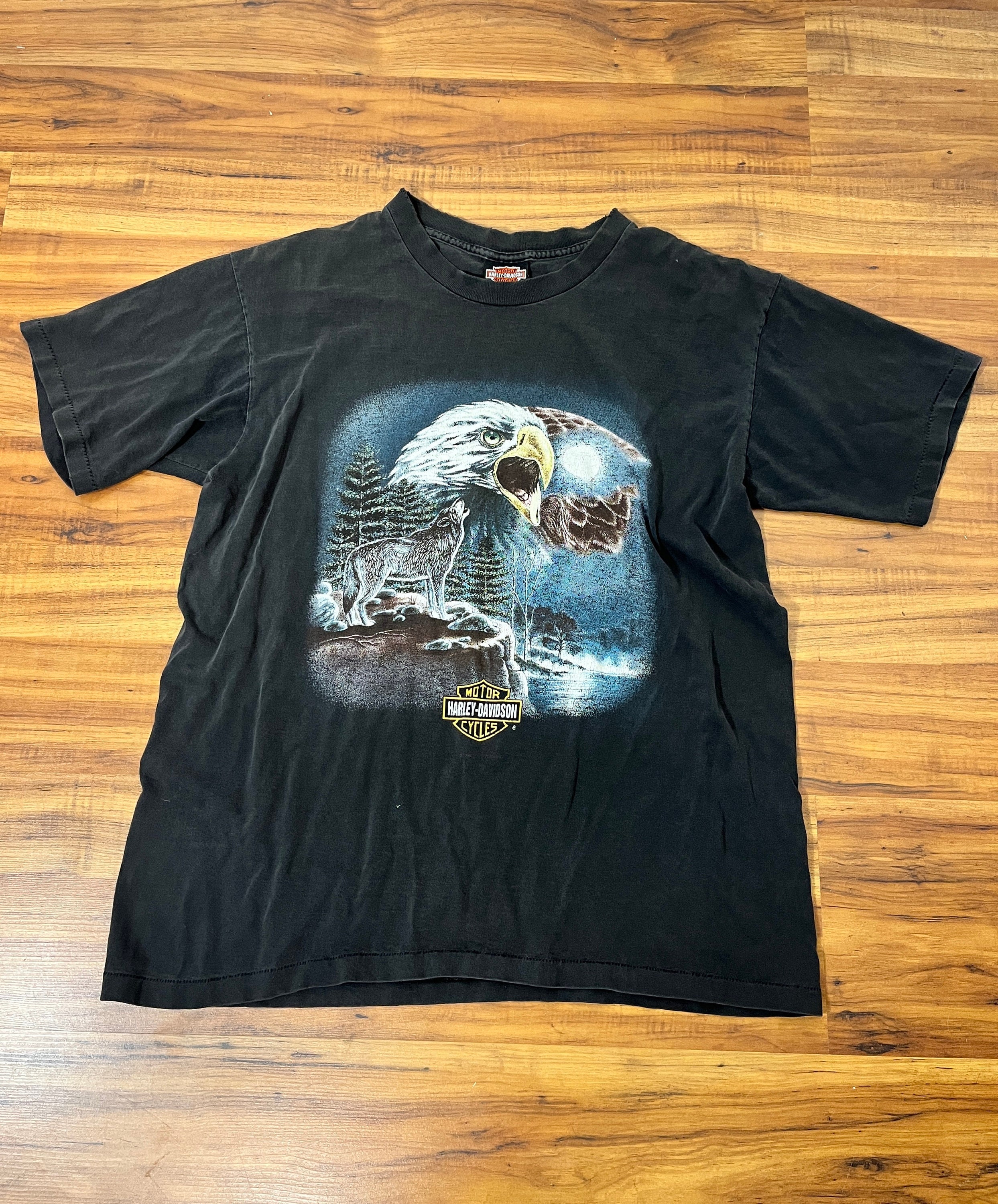 Large 1980s Vintage Harley Davidson Eagle and Wolf Single Stitch