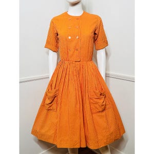 Small 1950s Vintage Tangerine Seersucker Striped Dress by Jerry Gilden