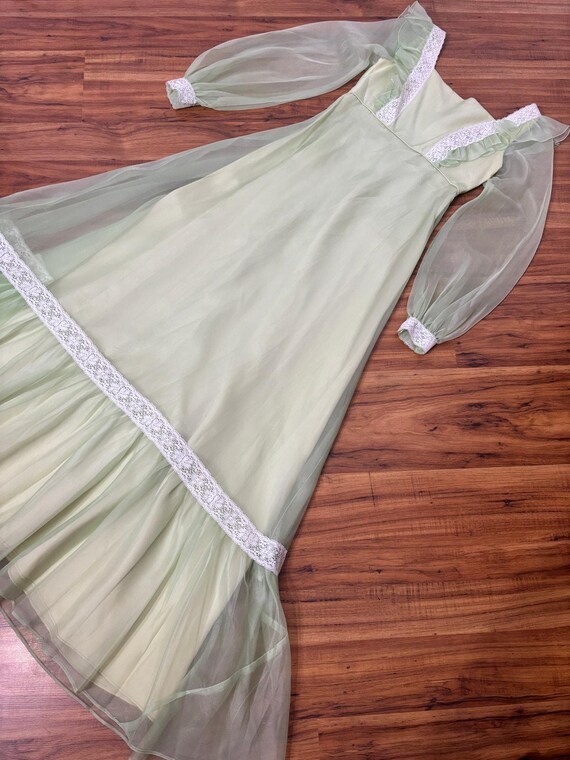 Small to Medium 1970s Vintage Celadon Green Chiffon Prairie Maxi Gown