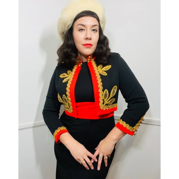 Gran vestido y bolero vintage de lana negra y roja de la década de 1960 de Junior Accent