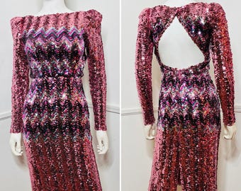 Vestido de fiesta vintage rosa con lentejuelas, talla extra pequeña, de los años 80