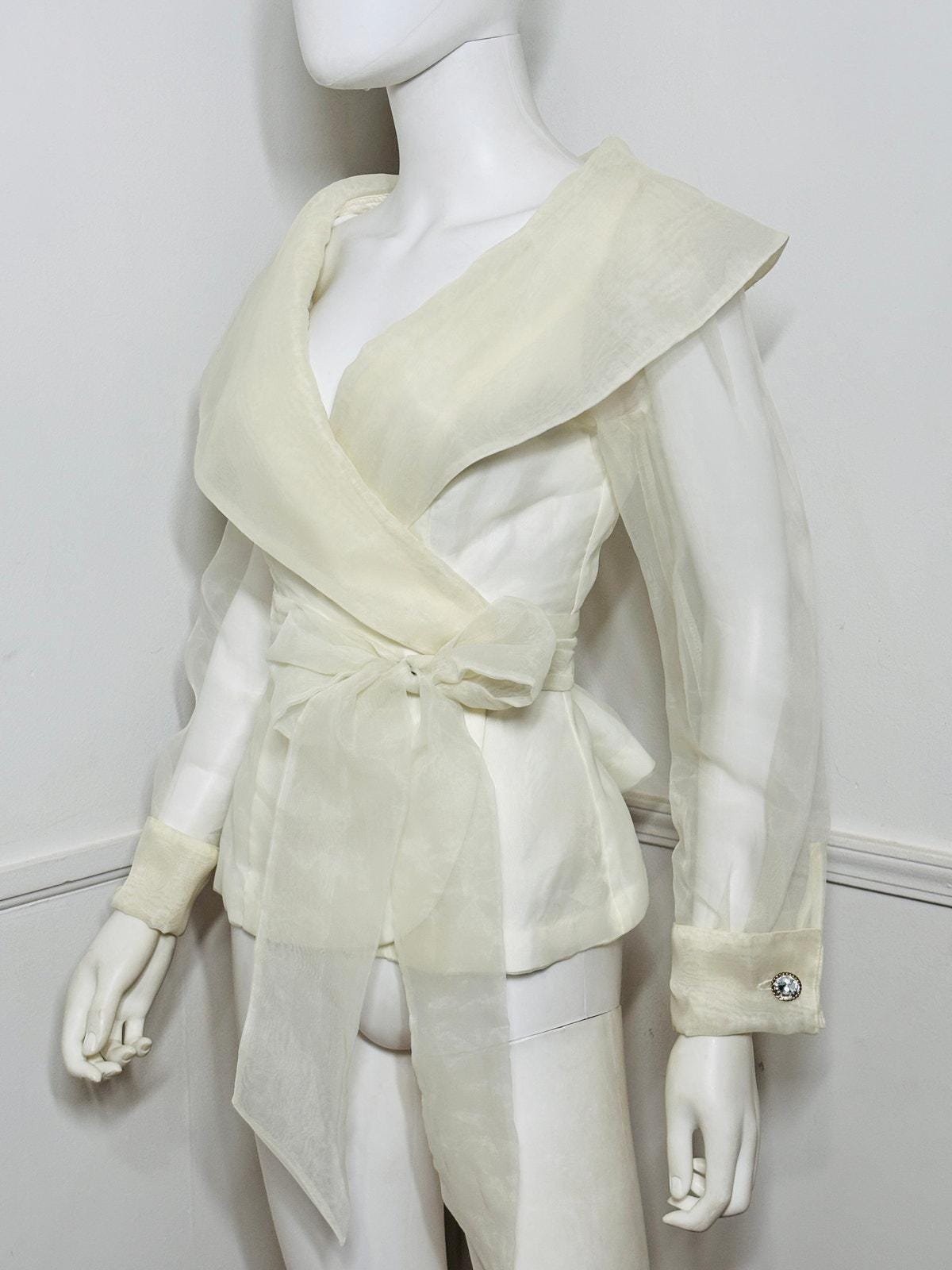 Small to Medium 1990s Vintage Cream Chiffon Wrap Blouse by Small to Medium 1990s Vintage Cream Chiffon Wrap Blouse by