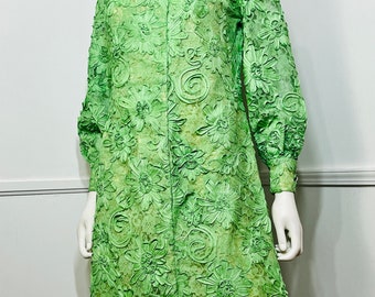 Medium 1960s Vintage Lime Green Lace and Ribbon Soutache Mini Dress by A Jefri Fashion Medium 1960s Vintage Lime Green Lace and Ribbon Soutache Mini Dress by A Jefri Fashion