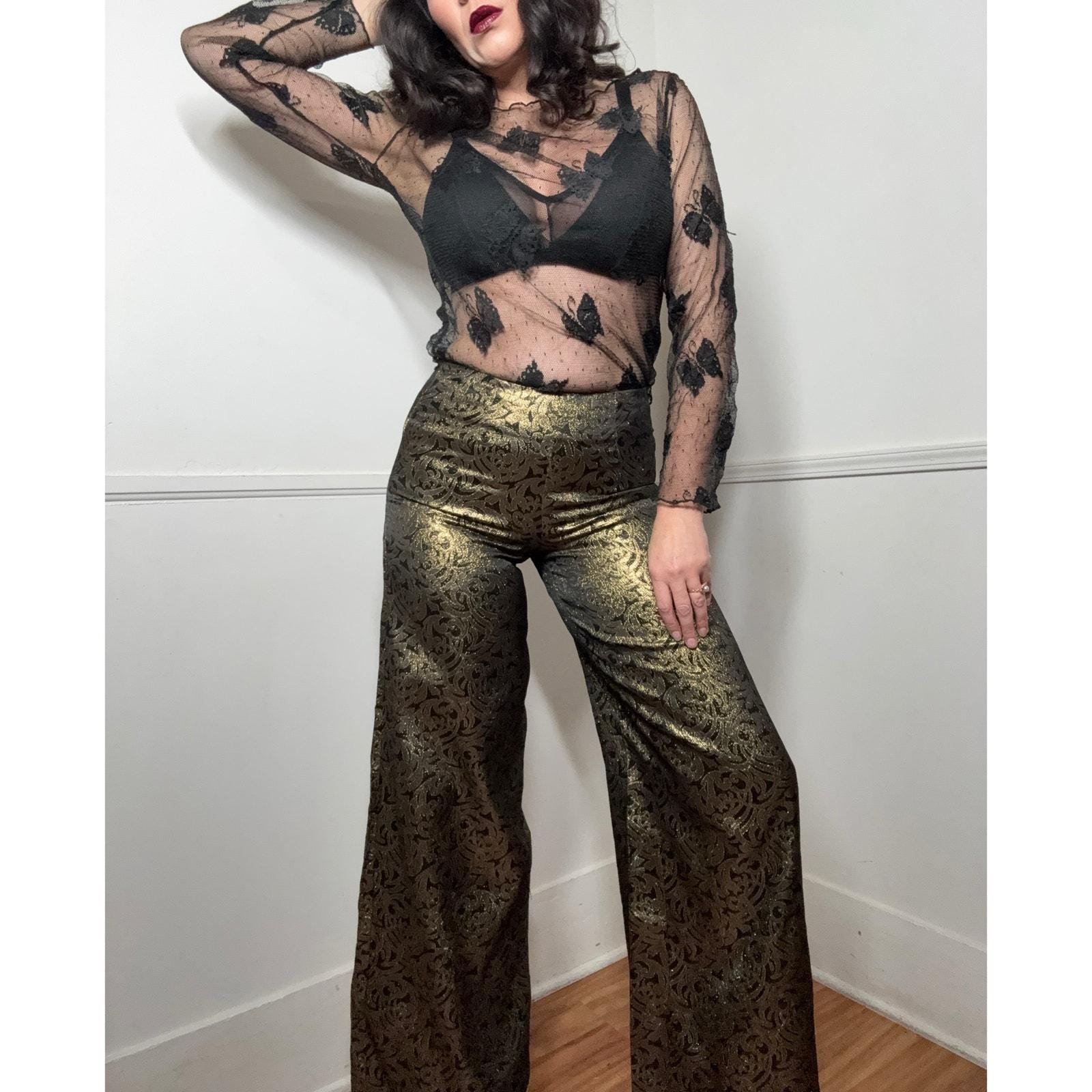 Small 1960s Vintage Black and Gold Brocade Palazzo Pants