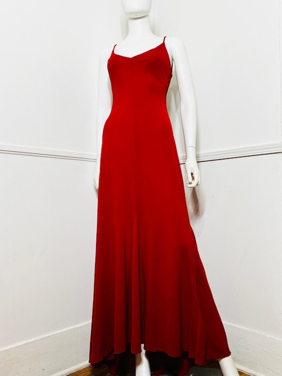 Medium Y2K Vintage Red Low Back Formal Gown by Bebe Medium Y2K Vintage Red Low Back Formal Gown by Bebe
