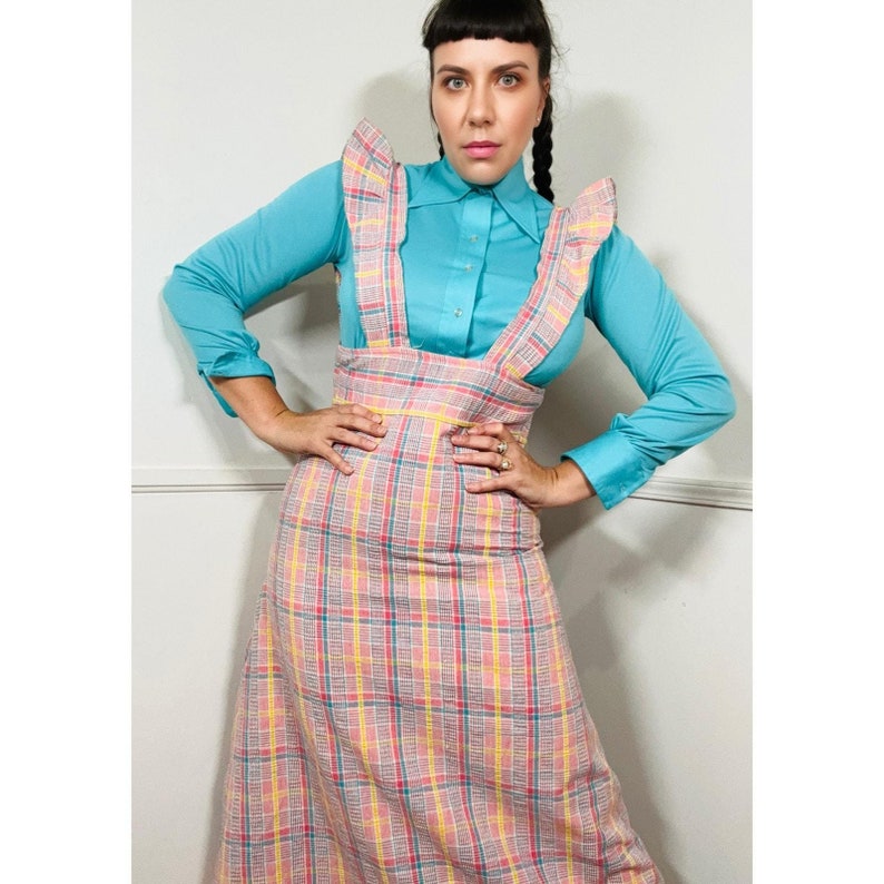 Vestido largo estilo pichi a cuadros rosa vintage de los años 70, talla pequeña a mediana imagen 1