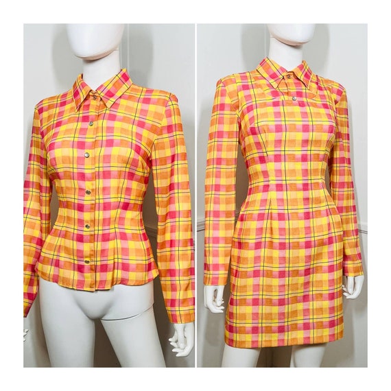 Medium 1990s Vintage Pink and Yellow Plaid Blouse 