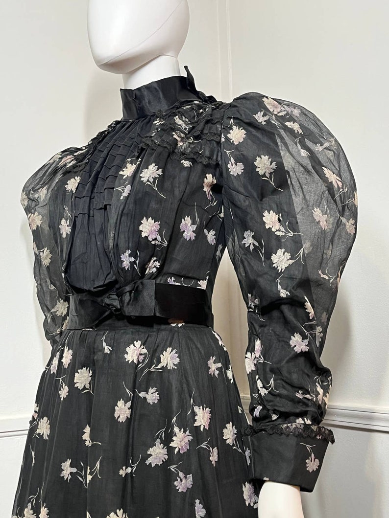 Extra Small 1900s Antique RARE Black Floral Cotton Gown image 4