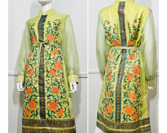 Large  1970s Vintage Pistachio Floral Hostess Dress by Alfred Shaheen