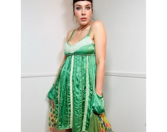 Extra Small to Small Y2K Vintage Green Silk Babydoll Dress by Paul Ropp