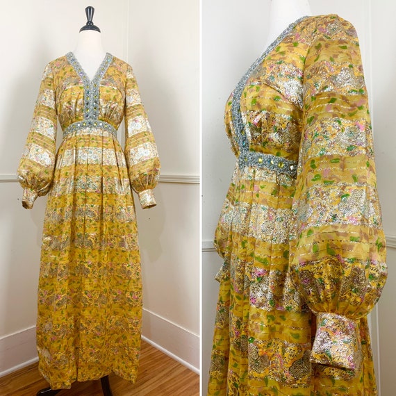 1970's Vintage Floral Lurex Maxi Gown with Sheer B