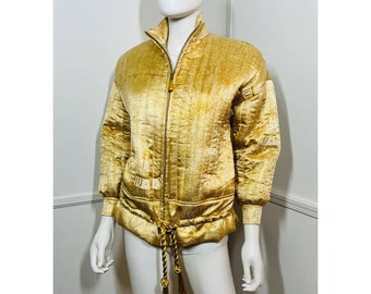 Large Petite 1990s Vintage Gold Celestial Silk Quilted Bomber Jacket by Ellen Tracy