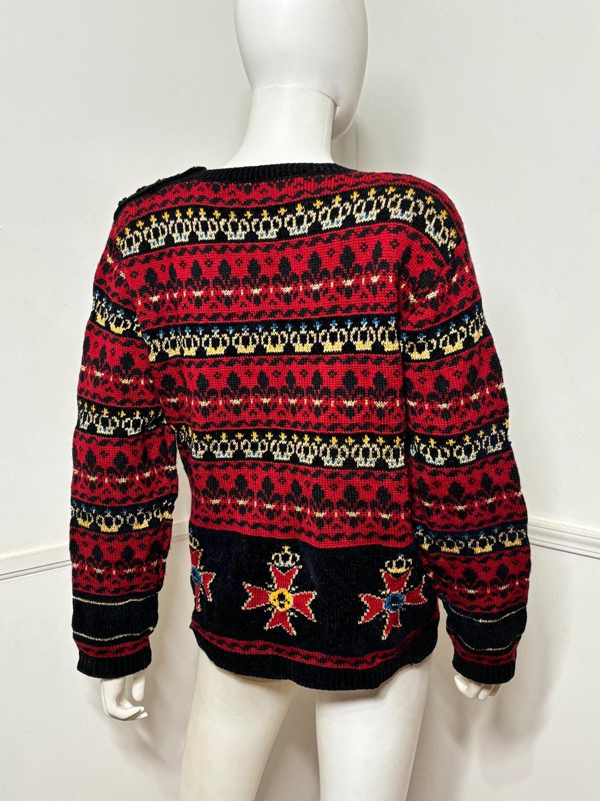 Medium to Large 1990s Vintage Heraldic Intaria Knit Wool Sweater 