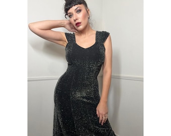 Robe longue vintage des années 1990 à paillettes noires et argentées de taille moyenne à très grande par Vejaiz