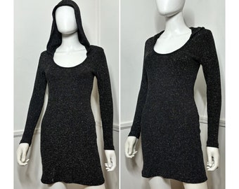 Medium Y2K Vintage Black and Silver Lurex Hooded Mini by Fredericks of Hollywood