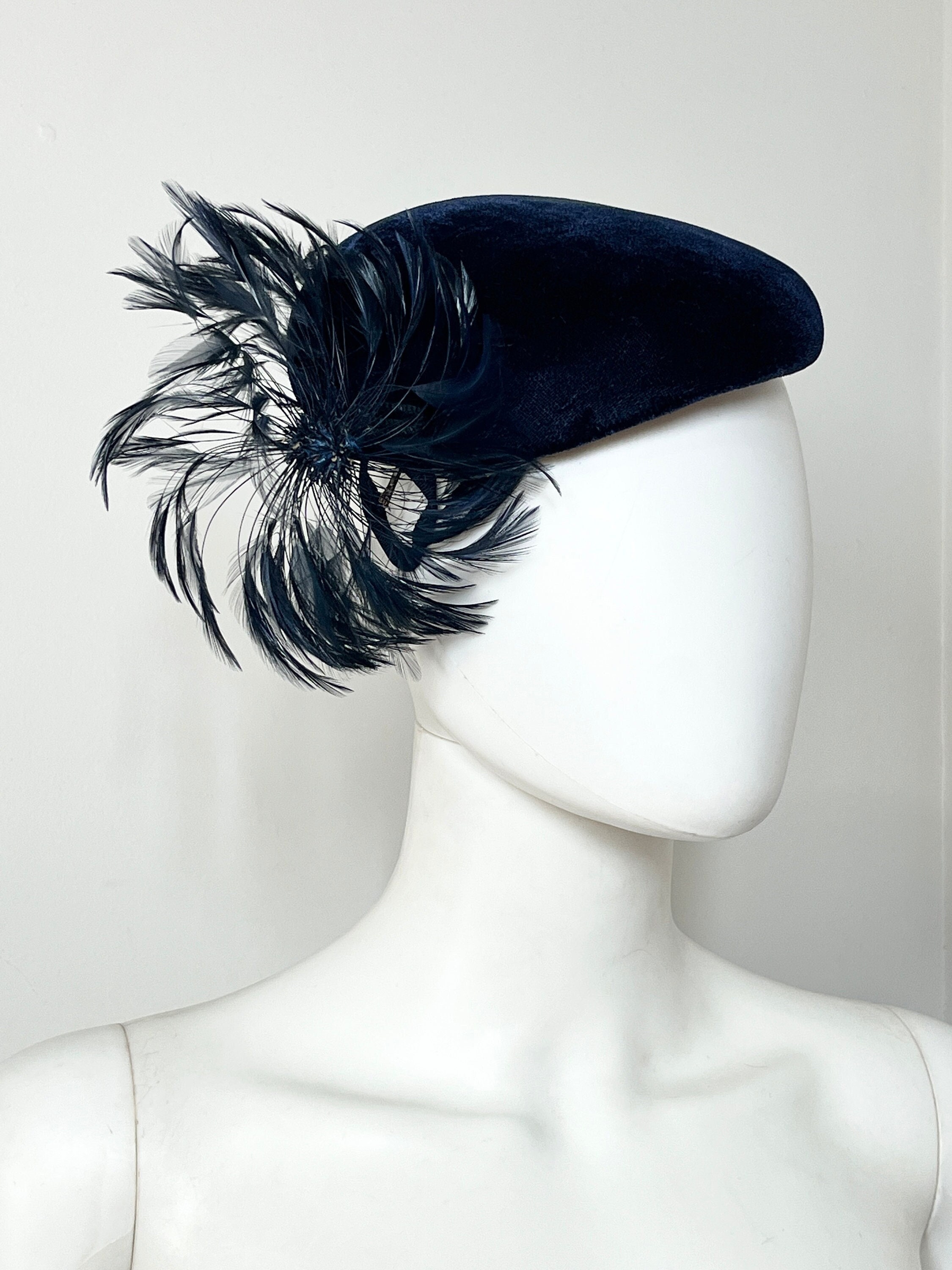 1950s Vintage Midnight Blue Velvet Feathered Fascinator Hat 