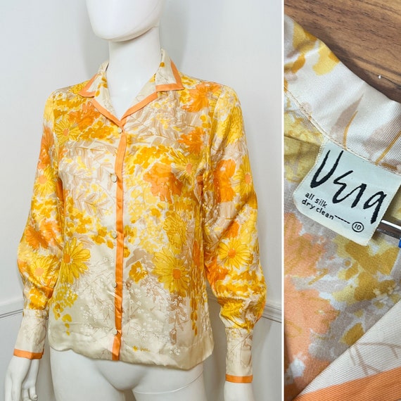 Medium 1960s Vintage Yellow Silk Floral Button Do… - image 1