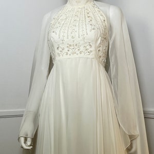 Small 1970s Vintage White Beaded Halter Gown with Attached Cape Train by House of Bianchi image 4