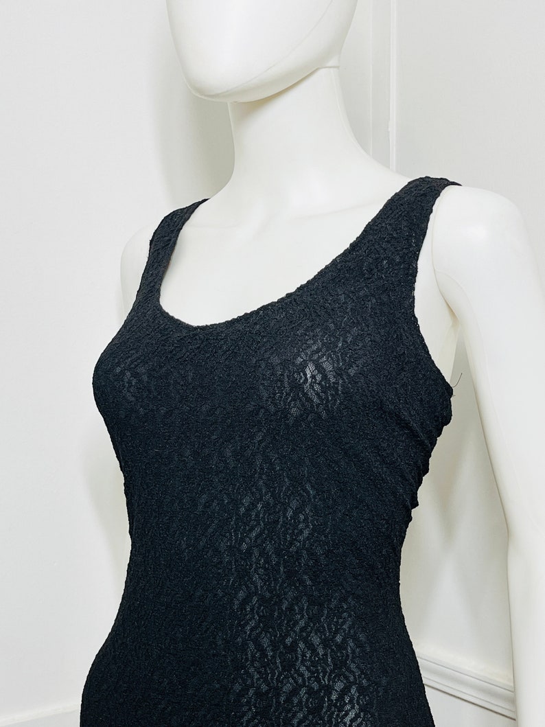 Large 1980s Vintage Black Illusion Lace and Ruffle Body Con Dress image 3