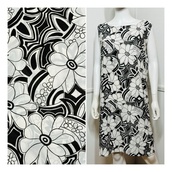 Large 1960s Vintage Black and White Graphic Flora… - image 1