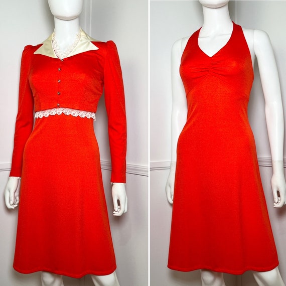 Small Early 1970s Vintage Red Halter Dress and Col