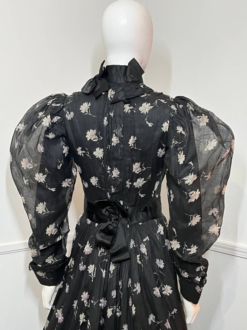 Extra Small 1900s Antique RARE Black Floral Cotton Gown image 5