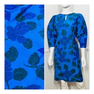 Medium 1980s Vintage Blue Floral Raw Silk Dress