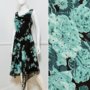 Large 1990s Vintage Brown and Green Floral Beaded Dress by Connected Apparel