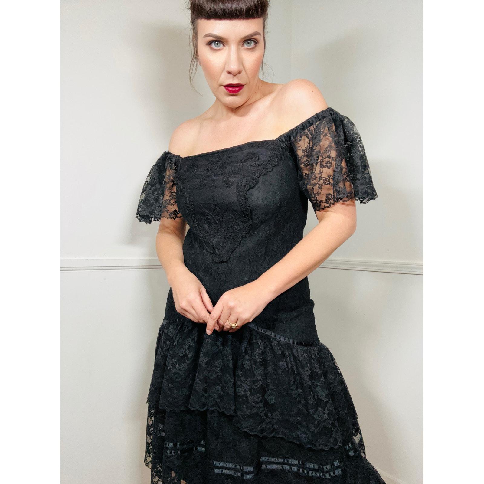 Medium to Large 1980s Vintage Black Lace Romantic Goth Dress by JT Dress