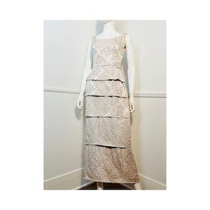 Medium Mid Century Vintage Platinum Floral Brocade Convertible Tiered Gown