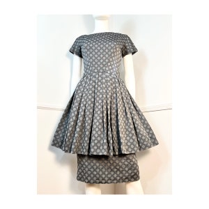 Small Mid Century Gray Polka Dot Peplum Sheath Dress by Gigi Young