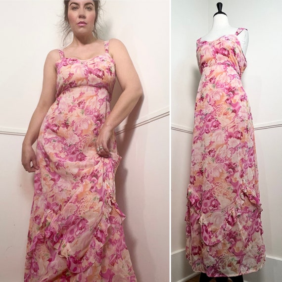 Large 1990's Vintage Pink Rayon Floral Slip Dress… - image 1