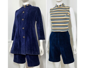 Traje de pana azul vintage de tres piezas, talla extra pequeña, de los años 60, de Joseph Magnin