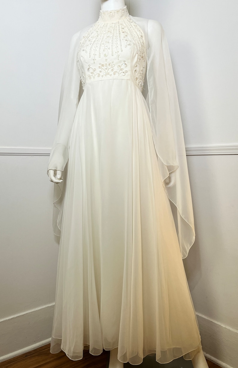 Small 1970s Vintage White Beaded Halter Gown with Attached Cape Train by House of Bianchi image 2