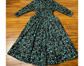Small 1950s Vintage Cotton Abstract Mid Century Print Dress
