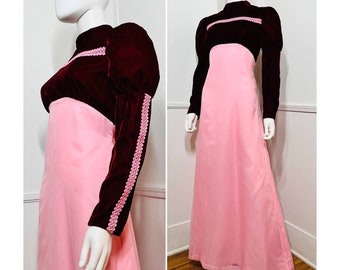 Medium 1970s Vintage Maroon and Pink Maxi Gown