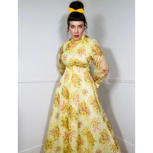 Medium 1970s Vintage Yellow Floral Bouquet Print Chiffon Maxi Gown by Avalon