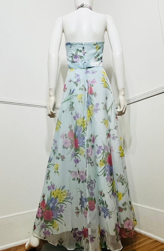 Small 1970s Vintage Blue Floral Halter Maxi Dress - image 8