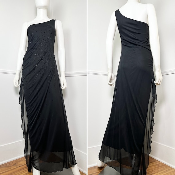 Large Y2K Vintage Black Beaded One Shoulder Gown … - image 1