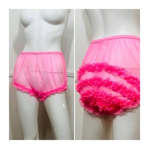 Large 1960s Vintage Sheer Nylon Neon Pink Ruffle Panties by Sam&#39;s