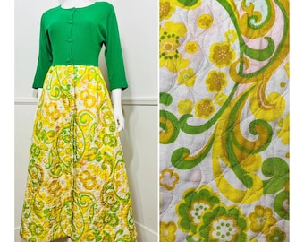 ミディアム 1970年代 ヴィンテージ サイケデリック フローラル キルティング ラウンジドレス