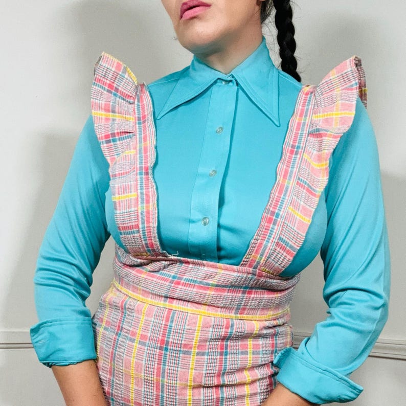 Vestido largo estilo pichi a cuadros rosa vintage de los años 70, talla pequeña a mediana imagen 4