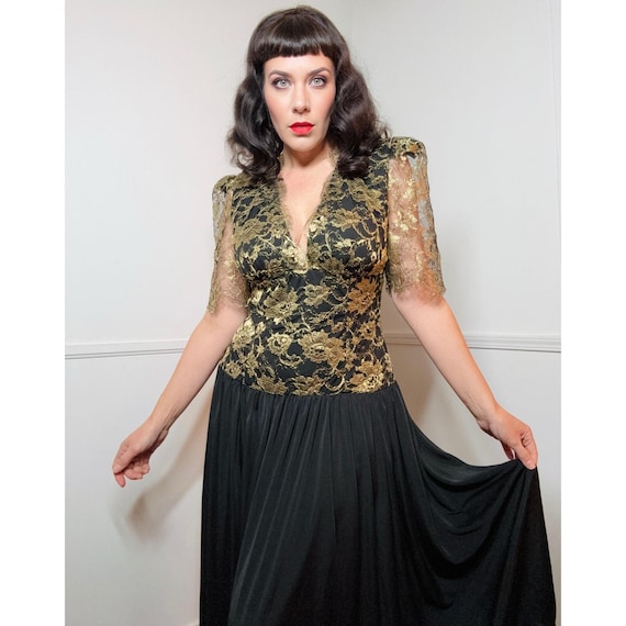 black dress with gold lace overlay Large 1980s Vintage and by Casadei elegant black and gold dress