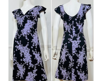 Small to Medium Y2K Vintage Black and Lavender Floral Flutter Dress by My Michelle