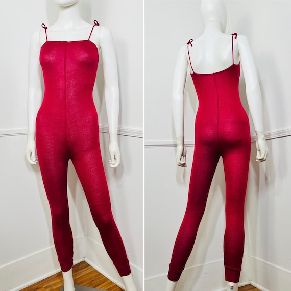 Small 1980s Vintage Raspberry Knit Unitard Dancew… - image 1