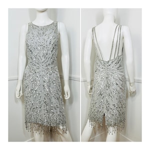 Medium Size 10 1990s Vintage Gray and Silver Beaded Evening Dress by Joan Leslie